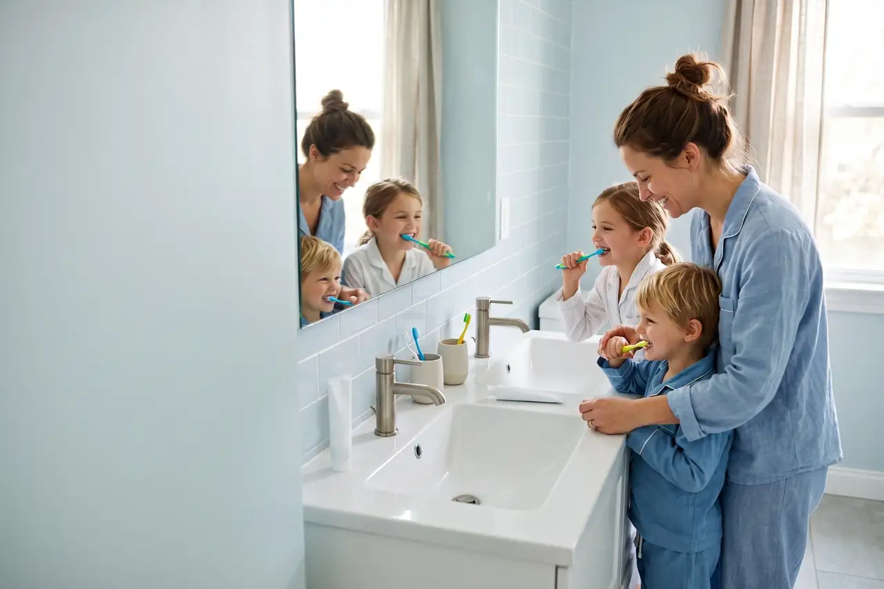 A parent and two young children brushing their teeth together at a bathroom sink in morning light.