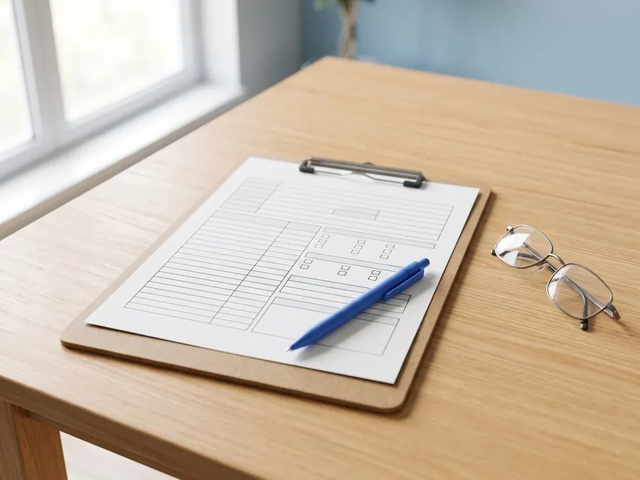 A blank patient form on a clipboard with a pen and reading glasses, on a wooden desk.