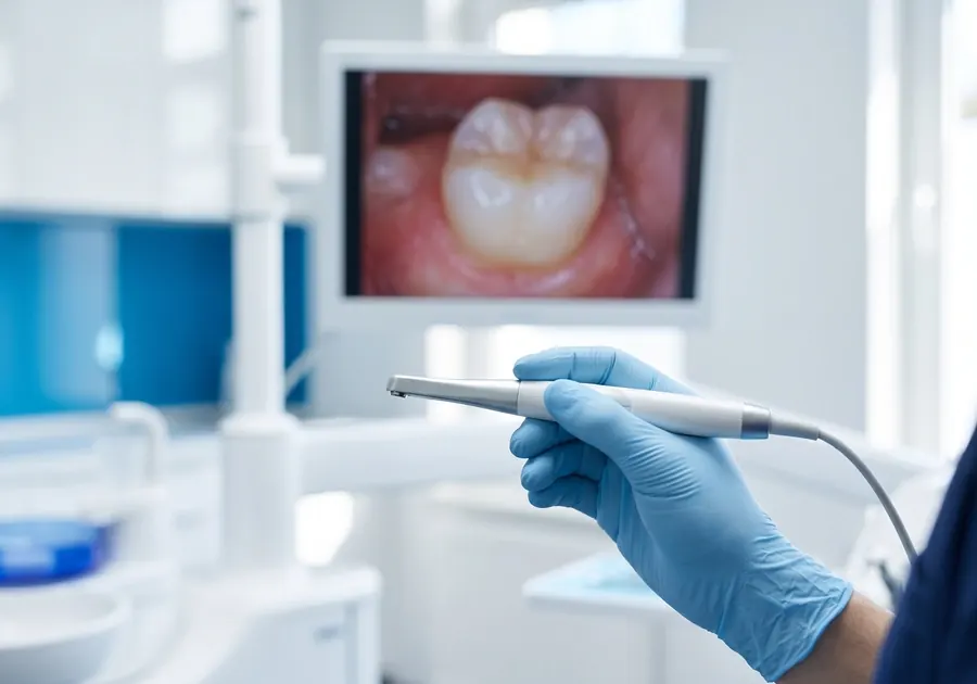 A dental intraoral camera showing an enlarged image of a tooth on a chairside screen.