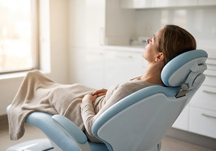 A patient reclining calmly in a dental chair under soft light.