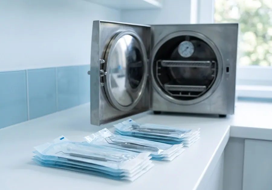 Sealed pouches of sterilized dental instruments beside an autoclave.
